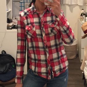 Red, white, and blue plaid flannel
